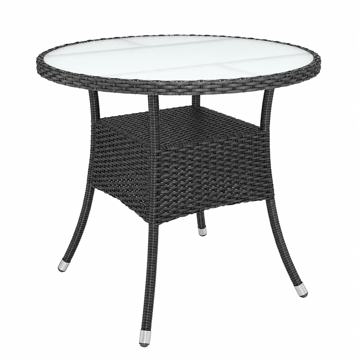 Runder Polyrattan Gartentisch mit Sicherheitsglas, Höhenverstellbar, Belastbar bis 80kg, Wetterfest, Schwarz