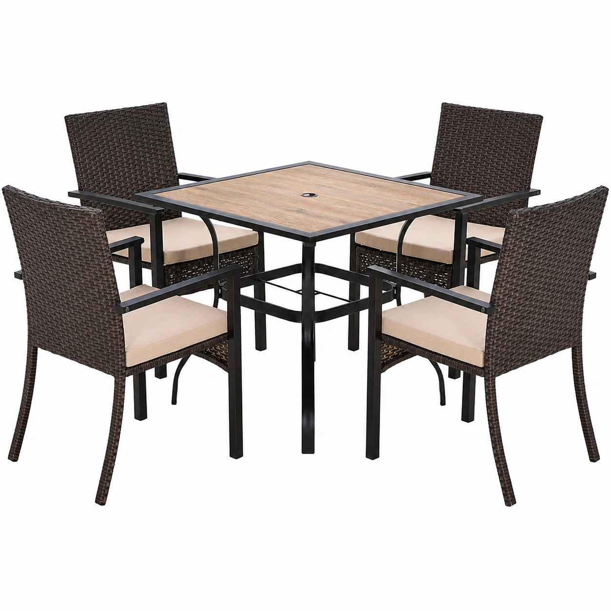 Hochwertiges Rattan Gartenmöbel-Set, wetterfeste Terrassenmöbel mit Metalltisch und Stühlen, Polyrattan Sitzgruppe mit 4 cm Schirmloch