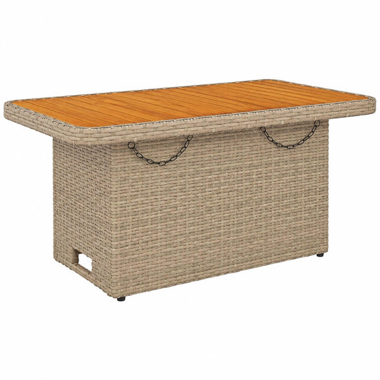 Moderner Gartentisch aus Poly Rattan mit Akazienholz und Stahlrahmen, Verstellbare Tischplatte, Beige