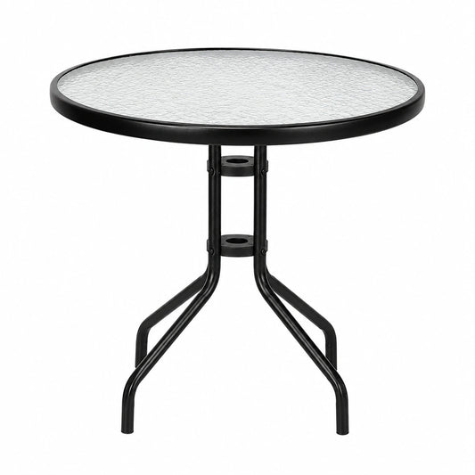 Runder Giantex Terrassentisch, 70 cm, Hartglasplatte, Metallrahmen mit Sonnenschirmloch, für Garten und Balkon