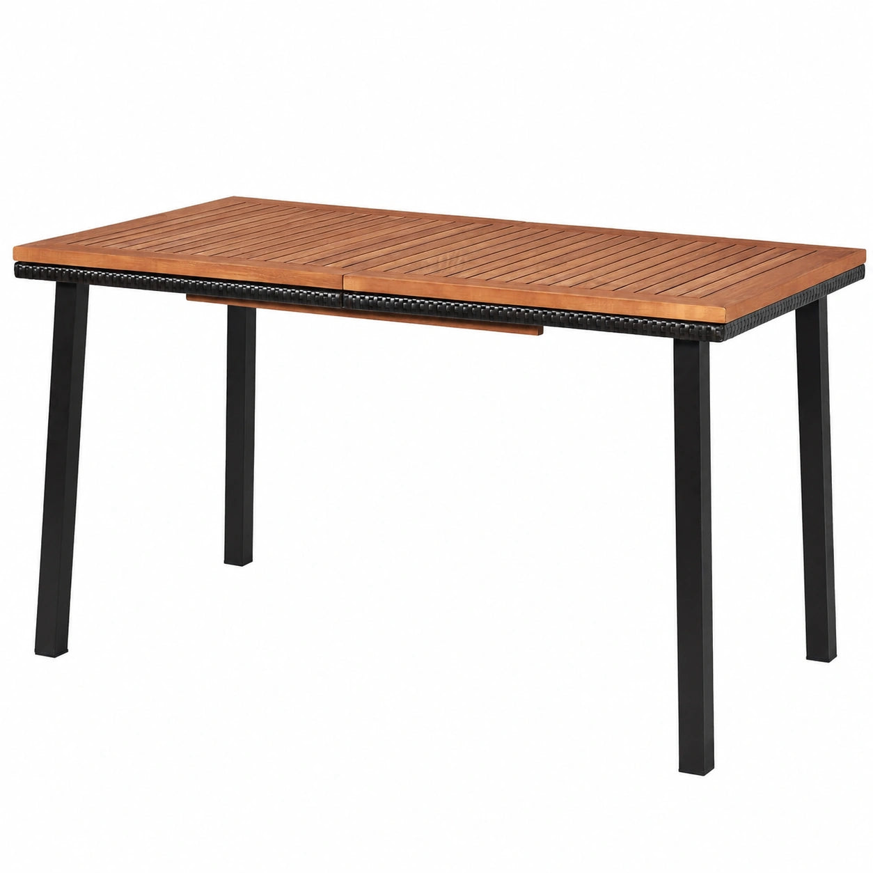 GOPLUS Akazienholz-Gartentisch mit Schirmloch, Metallbeine, für 6-8 Personen, 140x75x76cm, 50kg Tragkraft