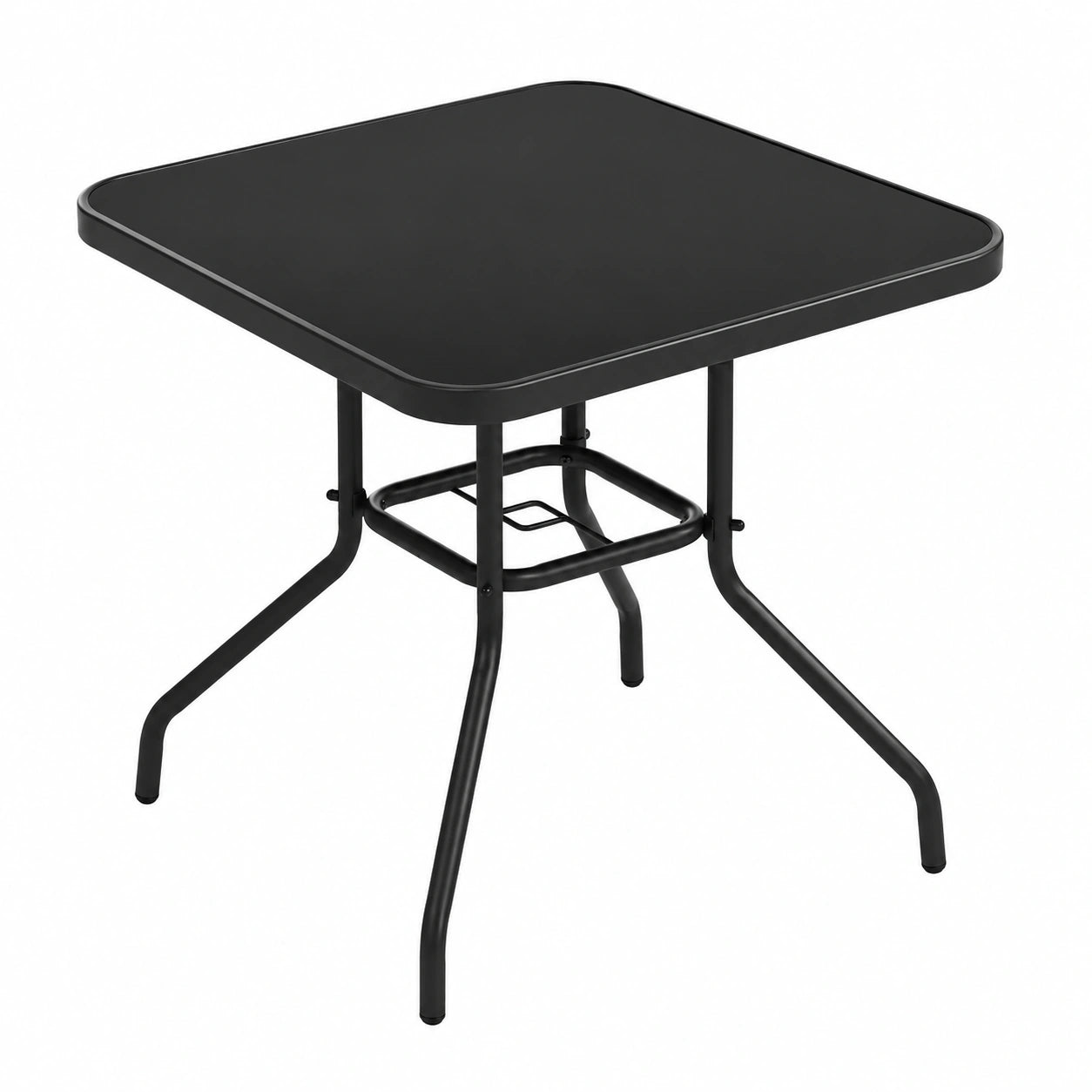 Wetterfester Gartentisch aus Glas und Metall mit Schirmloch, 70x70 cm, Schwarz