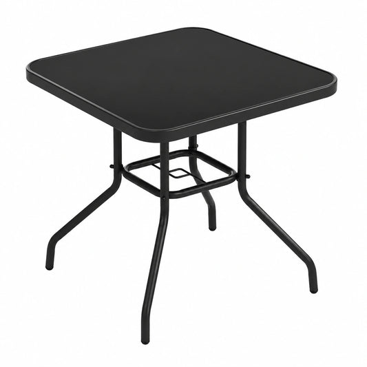 Wetterfester Gartentisch aus Glas und Metall mit Schirmloch, 70x70 cm, Schwarz