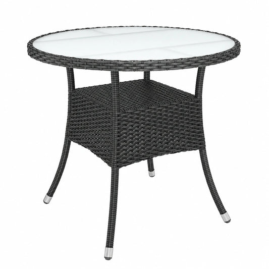 Runder Polyrattan Gartentisch mit Sicherheitsglas, Höhenverstellbar, Belastbar bis 80kg, Wetterfest, Schwarz